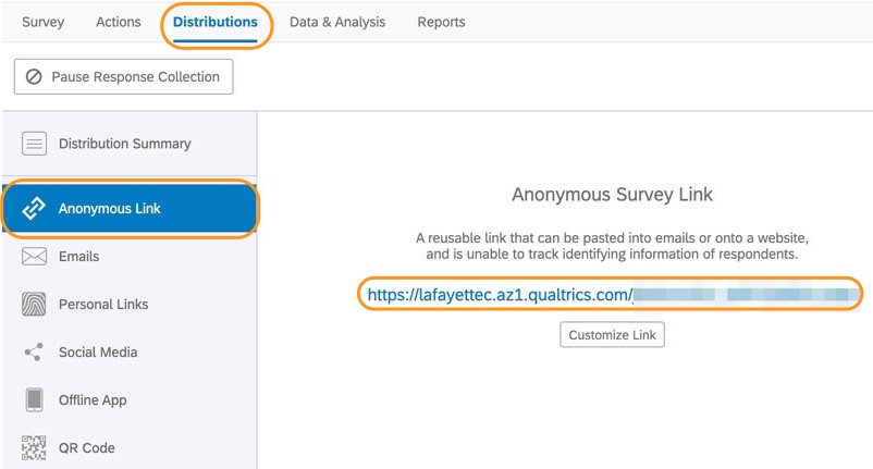 Screenshot of the Qualtrics distribution page, which includes an anonymous link