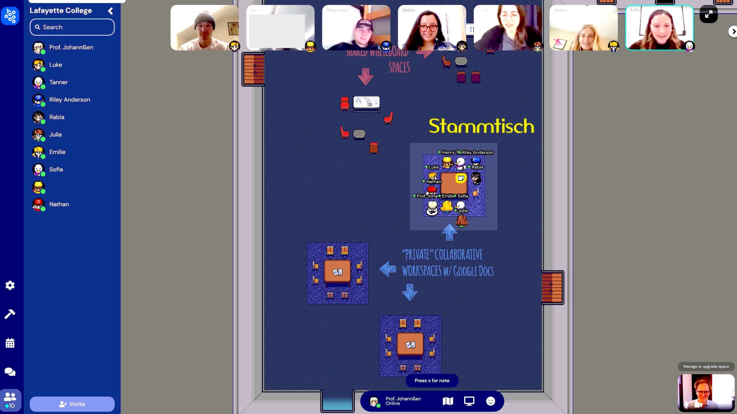 a screen shot of Professor Johannssen's gather town with student's participating