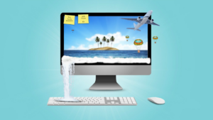 computer screen with an island, plane, parachute, and water spilling out of it