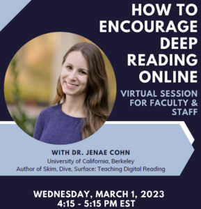 Promotional Flyer for faculty session with image of author and presenter Jenae Cohn with event details