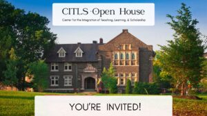 photo of hogg hall with the text "CITLS Open house. You're invited"