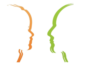One orange and one green silhouette face one another