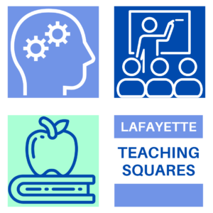 A block of green and blue squares with various teaching-related clipart images. In the bottom square is the text "lafayette teaching squares"