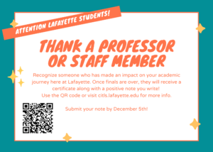 post card encouraging students to submit a note for the thank a professor or staff member initiative.