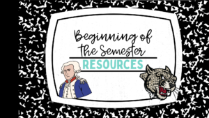 Composition notebook with the words "beginning of the semester resources" written on it. Below are stickers of the Marquis de Lafayette and the Lafayette Leopard. 