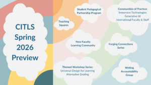 CITLS Spring 2026 Preview graphic. Rainbow background with fluffy white clouds. In each cloud is the name of a program or event.