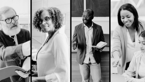 4 panels, each contains a black and white photo of a professor while actively teaching. 